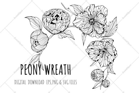 Black and White Peony Floral Wreath Svg for Graphics & Illustrations