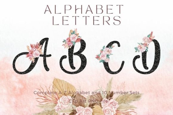Boho Floral Alphabet Black Glitter Font for Graphics and Illustrations