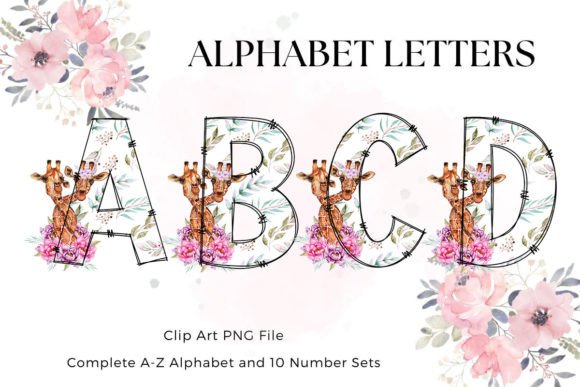 Giraffe Floral Doodle Alphabet Letters for Graphics & Illustrations