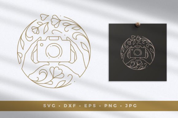 Hands Holding Camera in Floral Frame Graphics and Illustrations Review