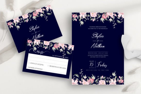 Navy Blue Floral Wedding Invitation Card Graphics & Illustrations Review